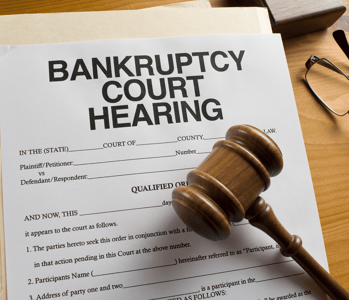 Bankruptcy court hearing document with gavel